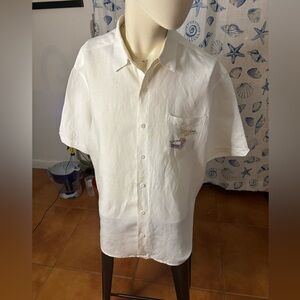Men’s Cubavera linen blend, short sleeves, button down. White embroidered GREAT*